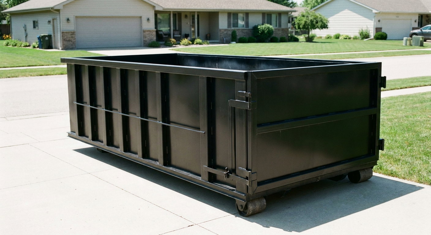 Matte-black 10-yard roll-off dumpster on a residential concrete driveway in Round Rock, uniformly painted matte black across every panel and rail, ribbed steel sidewalls and rear swing door visible, mid-day daylight.