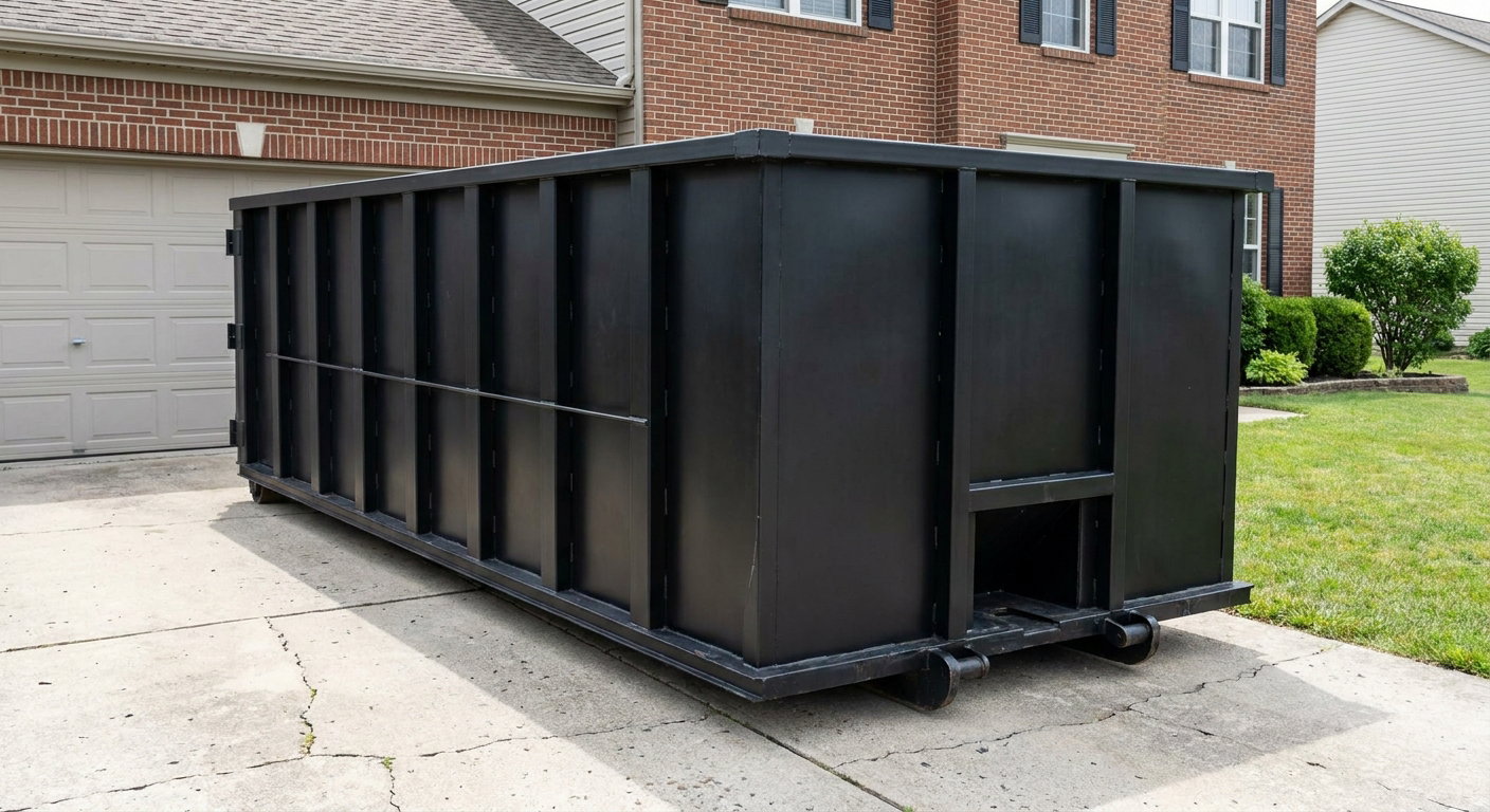 Matte-black 20-yard roll-off container on a Round Rock residential concrete driveway with reinforced ribbed steel sidewalls and a hinged rear walk-in door, clean bright daylight.