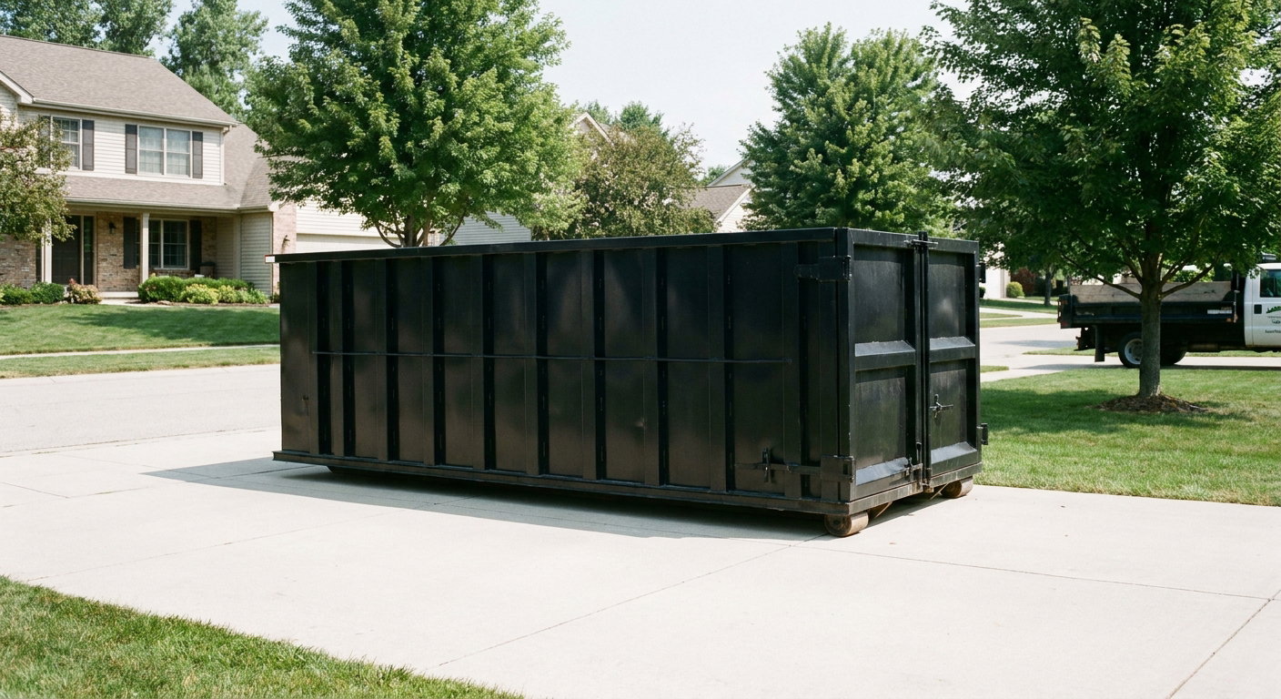 Matte-black 20-yard roll-off dumpster sitting level on a clean Round Rock residential concrete driveway under bright daylight, demonstrating clean placement directly on the concrete.