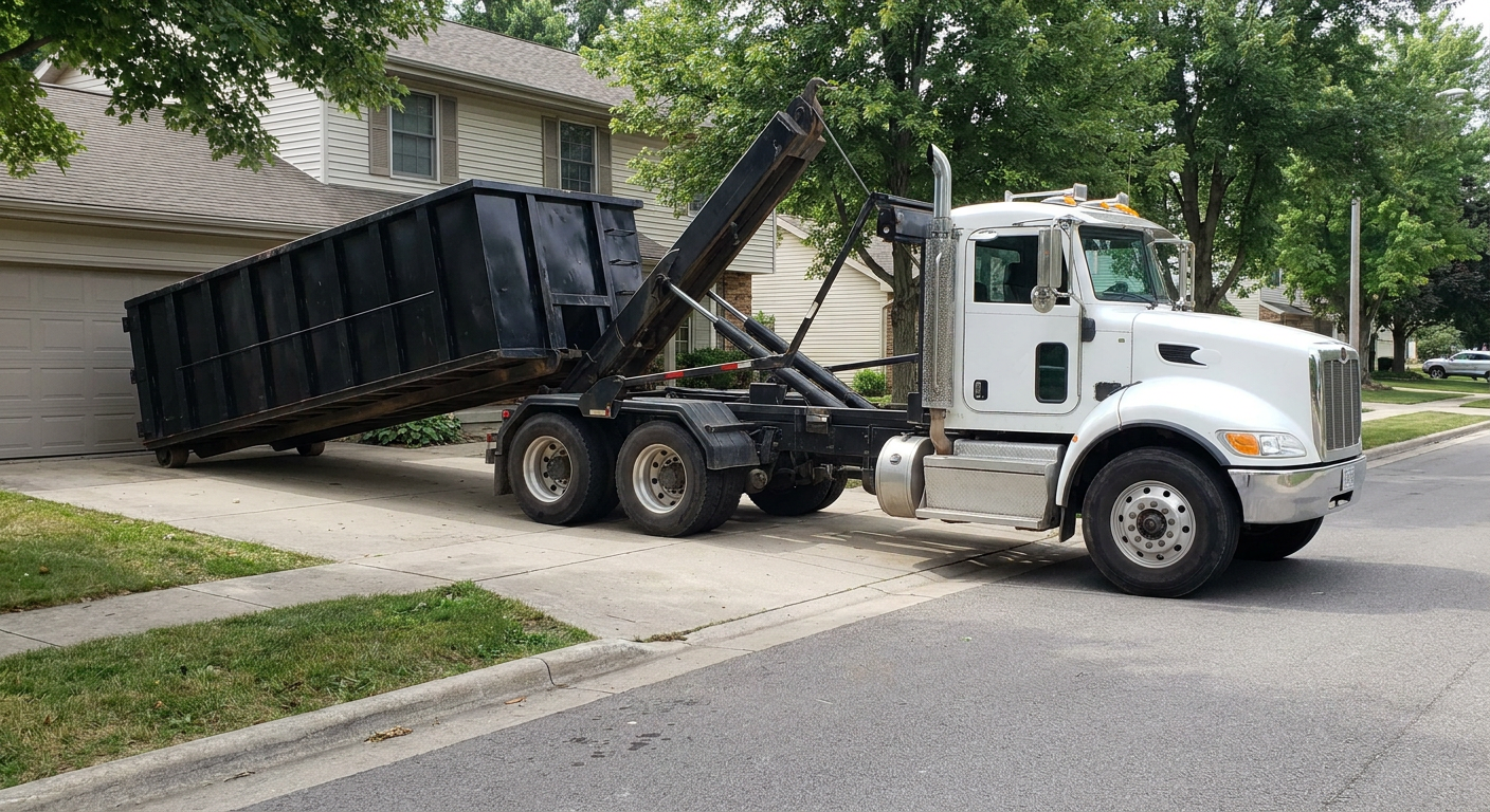 White-cab hooklift roll-off truck actively lowering a matte-black dumpster onto a Round Rock residential concrete driveway, the dumpster's rear wheels touching the driveway as the hoist arm tilts the bed forward, mid-morning daylight.