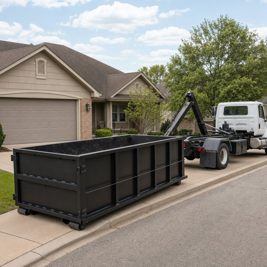 Wide documentary shot of a matte-black roll-off dumpster on a Round Rock residential driveway in the foreground and a contractor jobsite container in the soft-focus background, bright daylight, calm and orderly composition.