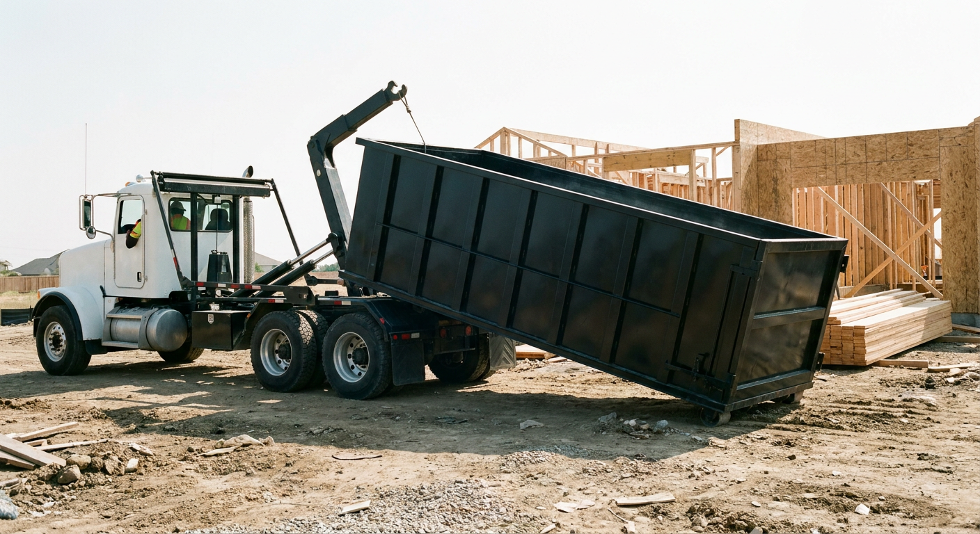 Matte-black roll-off dumpster being delivered onto a clean residential concrete driveway in Round Rock by an unmarked white hooklift hauler truck, bright morning daylight, documentary 35mm perspective.